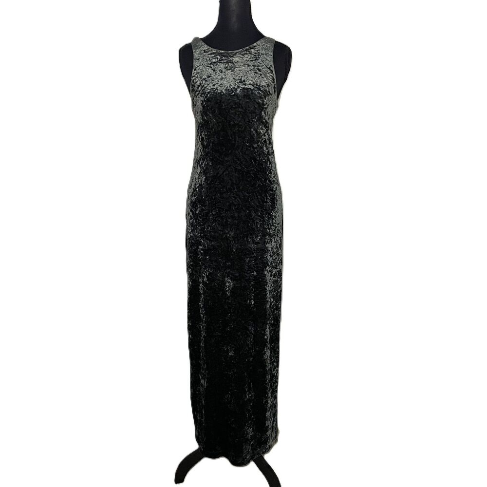 VTG Betsey Johnson Crushed Velvet Maxi Dress L Green Sleeveless Vintage 90s Goth